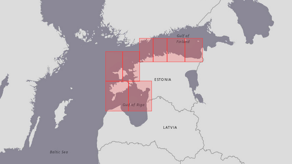 Map showing S-111 surface current information coverage on the coast of Estonia.
